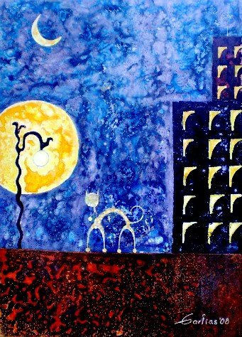 el gato y la luna Mixed media Canvas Landscaping