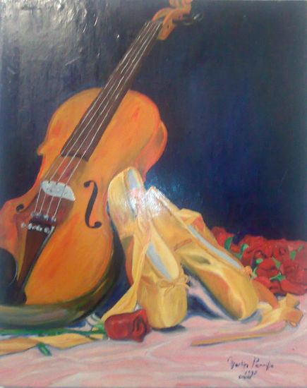 VIOLIN CON ZAPATILLAS Oil Panel Still Life Paintings