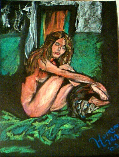 mujer con gato Pastel Paper