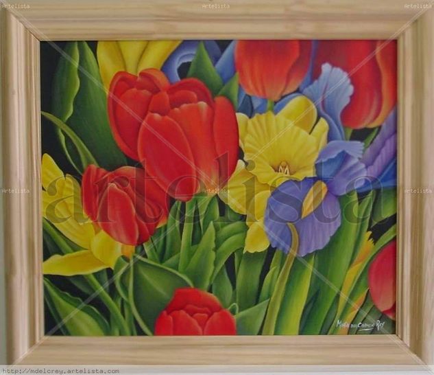 Tulipanes, iris y narcisos Oil Panel Floral Painting