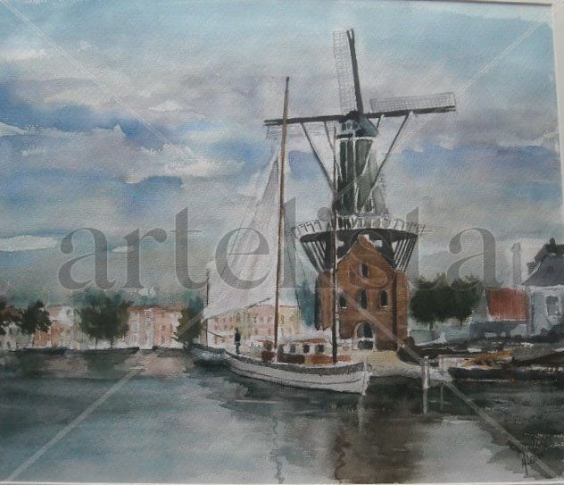 Molino holandés Watercolour Card Landscaping
