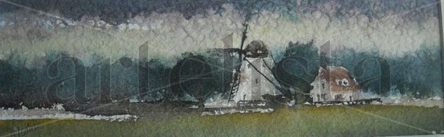 Paisaje holandés con Molino y casa Acuarela Cartulina Paisaje