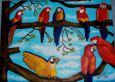 Ocho guacamayas en el arbol