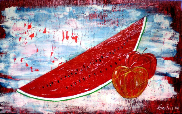 sandia con manzanas Mixed media Canvas Still Life Paintings