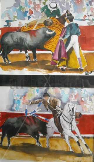 Cuadro doble picador y rejoneador Acuarela Cartulina Figura