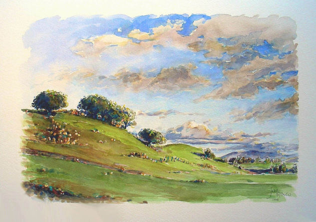 Lomas y encinas Acuarela Papel Paisaje