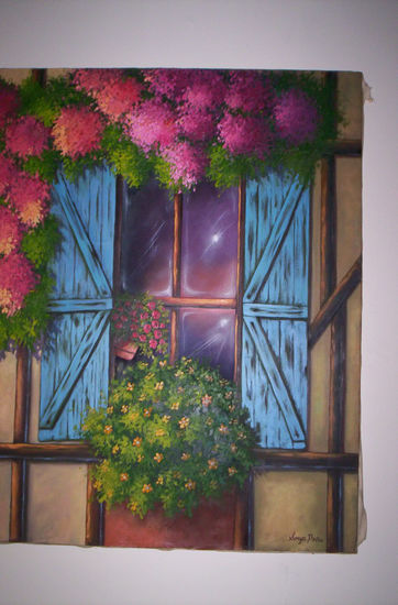 ventana viejas con flores Óleo Lienzo Floral