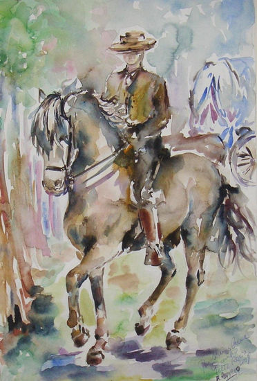 Cabalgando en el Rocio- Acuarela. 30x55 cms. Watercolour Paper Animals