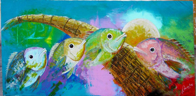 peces y balsa de totora Media Mixta Lienzo