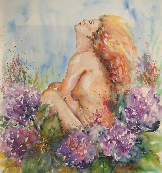 Entre hortensias. Acuarela. 100x113 cms.