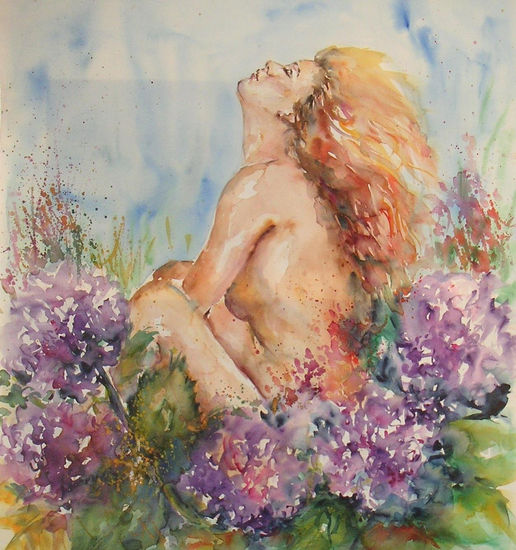 Entre hortensias. Acuarela. 100x113 cms. Watercolour Paper Nude Paintings