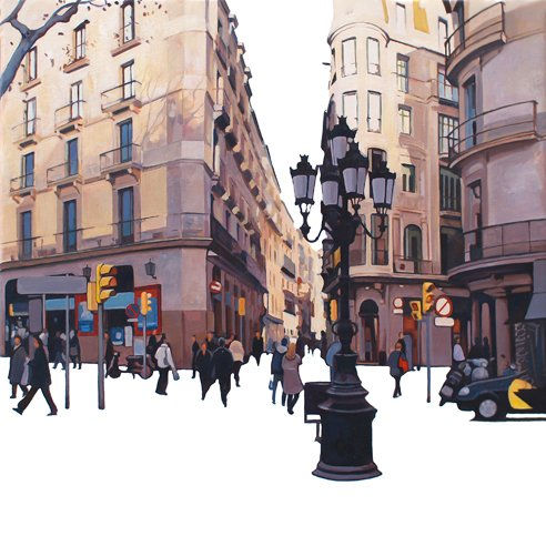 La Rambla  i al carrer Canuda am Santa Anna BCN 50X50 oli s..JPG Media Mixta Lienzo Paisaje