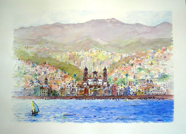 Las Palmas desde el mar Acuarela Papel Paisaje