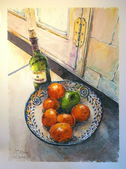 Vino y mandarinas Watercolour Paper Still Life Paintings