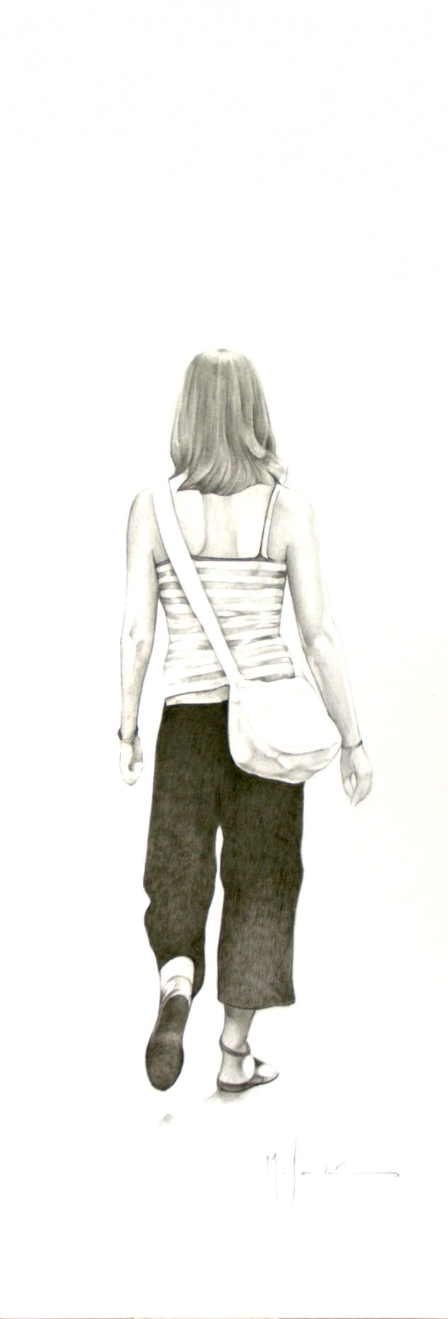 Chica paseando grafito s.papel 16x60 2007.JPG