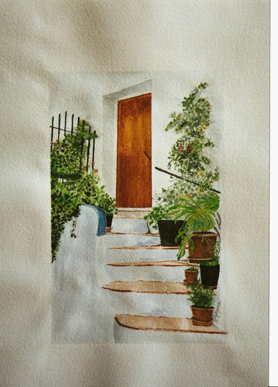 Puerta y escaleras Acuarela Papel Paisaje