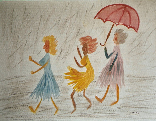 Mujeres con paraguas Watercolour Paper Figure Painting