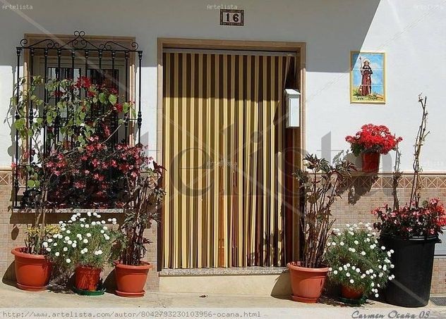 Fachada adornada con macetas.