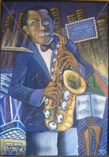 Homenaje al jazz  (Charlie Parker) Oil Panel Figure Painting