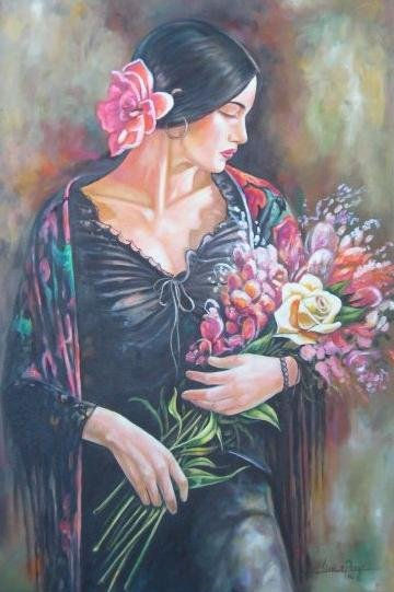 muchacha con flores II Oil Canvas Landscaping