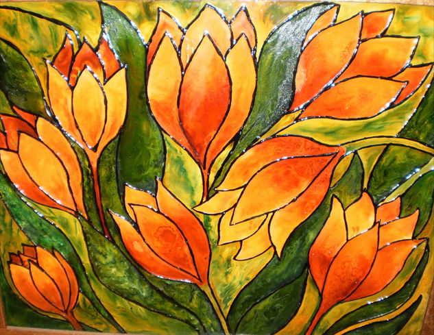 Orange tulips Stained glass Glass Floral Painting