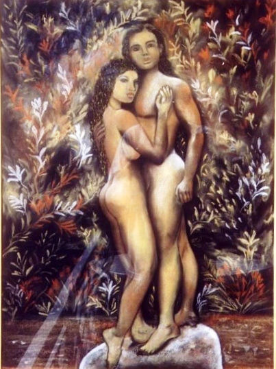 Adan and Eva in the Amazons Pastel Canvas Figure Painting