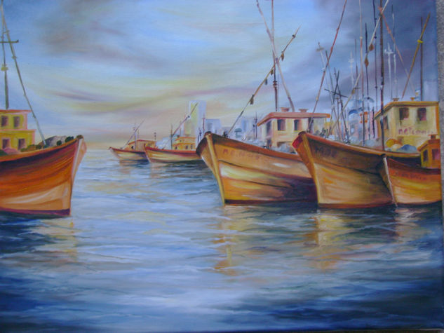 ZONA PESQUERA - PUERTO DE MAR DEL PLATA Oil Canvas Marine Painting