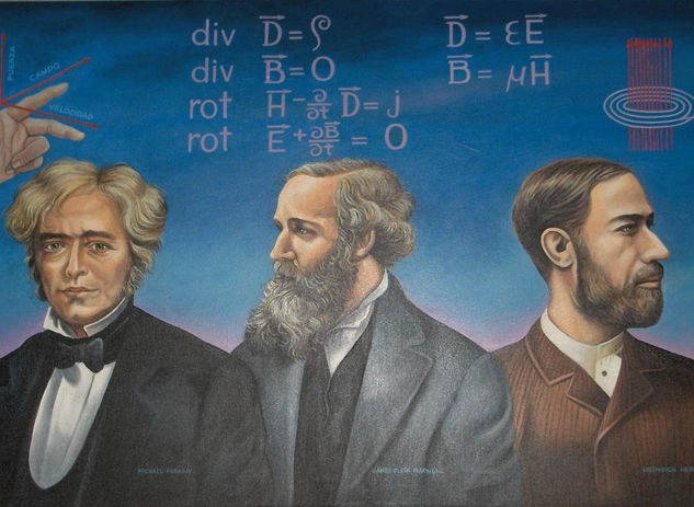 Michael Faraday, James Maxwell & Heinrich Hertz Oil Canvas Portrait