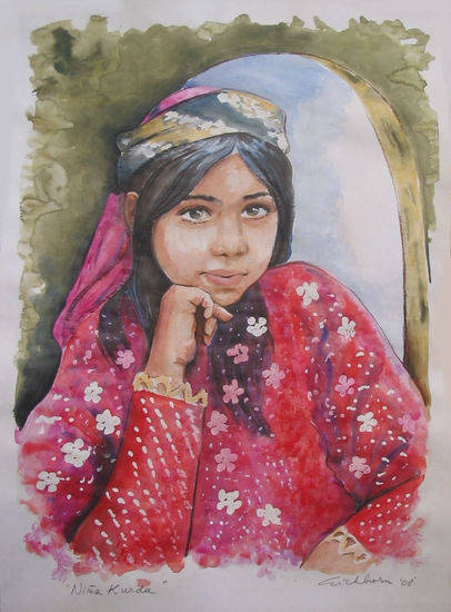 Niña kurda Watercolour Card Figure Painting