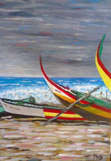 barcas en la playa Acrílico Tabla Paisaje