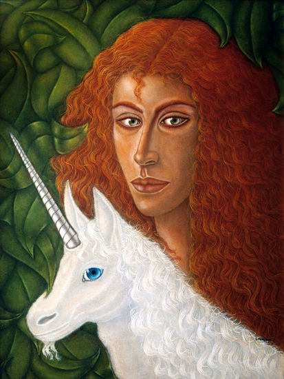 Guardiana del Unicornio Oil Panel Figure Painting