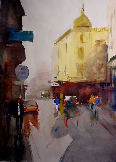 ciudad vieja en lluvia Watercolour Paper Landscaping