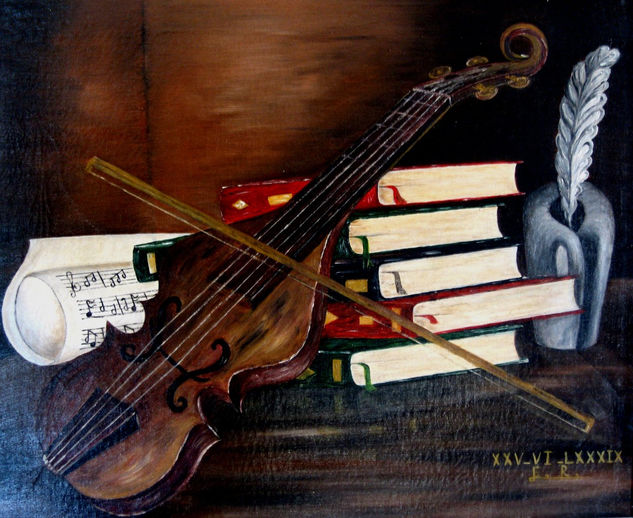 Bodegon con Violin Oil Canvas Still Life Paintings