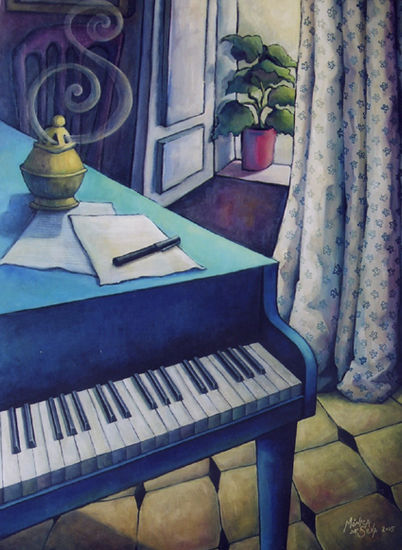 INTERIOR CON PIANO AZUL Oil Panel