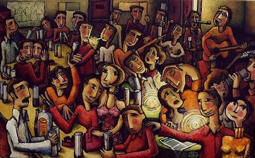 HISTORIAS EN EL BAR Oil Panel Figure Painting