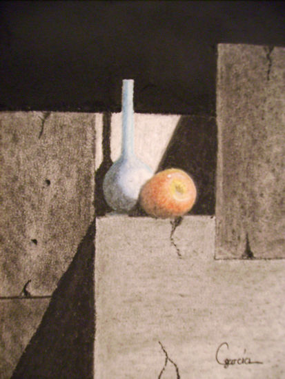 Manzana y matraz en gris. Pastel Card Landscaping