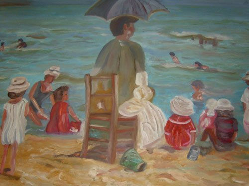 Sra. y niños en la playa. Óleo Tabla Paisaje