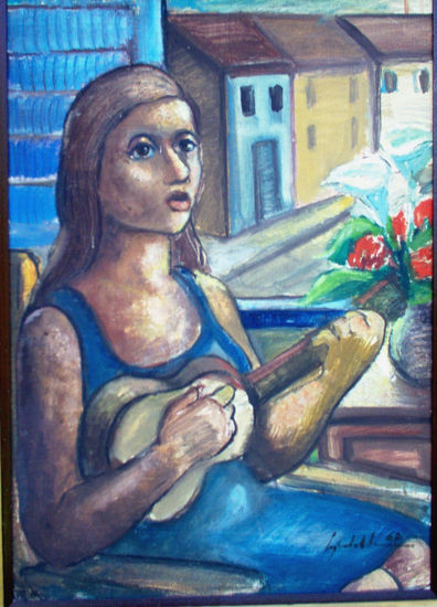 0009- Moça com violão Oil Textile Figure Painting