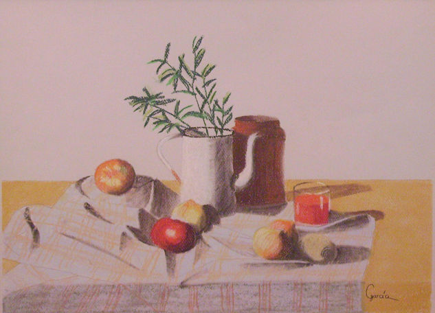 Bodegón con florero, tomates y jugo. Pastel Paper Still Life Paintings