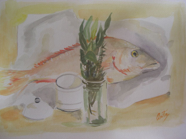 Pescado y laurel Watercolour Paper Still Life Paintings