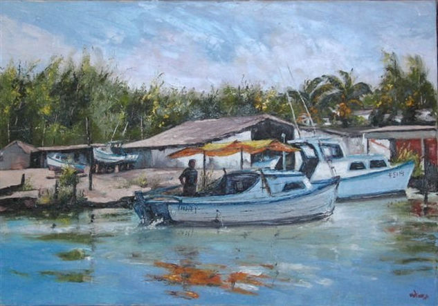 "Embarcadero de Cojímar" Oil Canvas Marine Painting