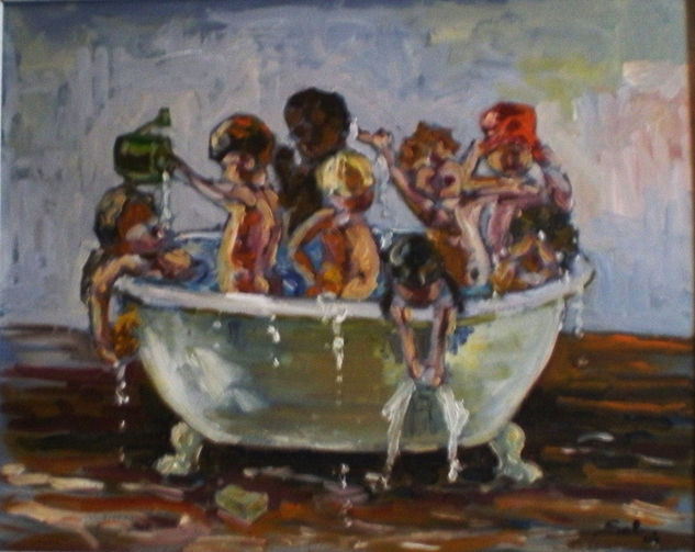 Niños en bañera Oil Others Figure Painting