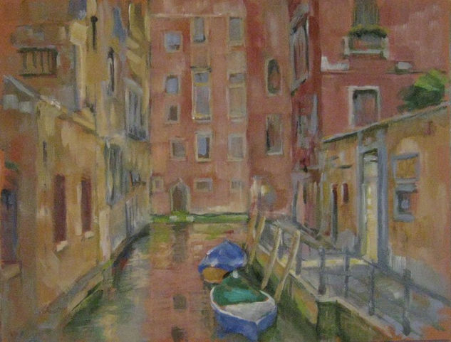 CANAL CON BARCAS Oil Paper Landscaping