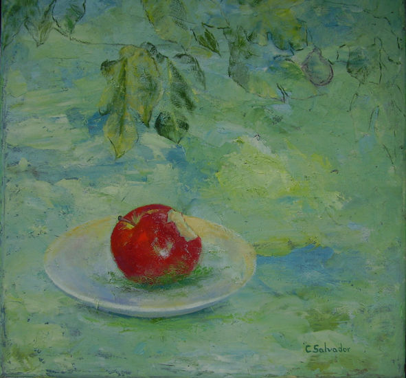 \\\\Manzana,plato,rama de higuera 40 Óleo Lienzo Paisaje