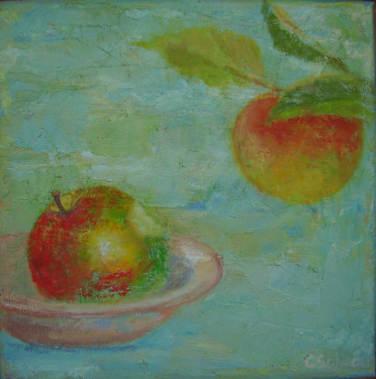 Manzana sobre plato y en rama Oil Canvas Landscaping