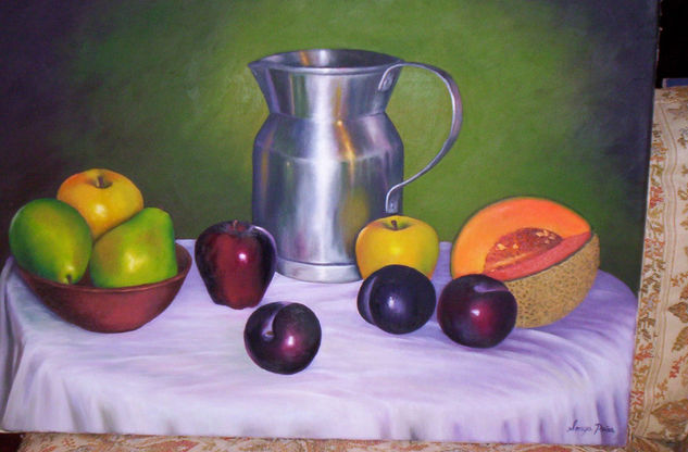 jarro de aluminio y frutas Oil Canvas Still Life Paintings