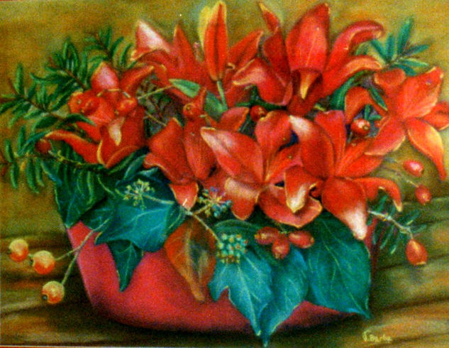 liliums rojos Pastel Paper Floral Painting