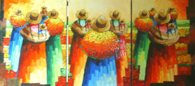 cholitas en el campo de flores Óleo Lienzo Paisaje