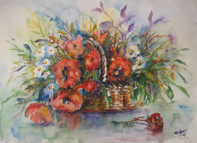 Cesto de Amapolas Watercolour Paper Floral Painting