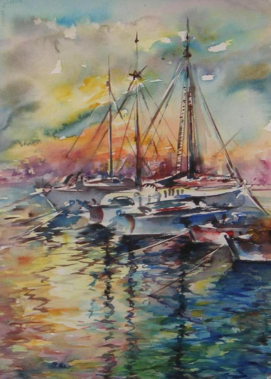 Atardecer en el Puerto Watercolour Paper Marine Painting